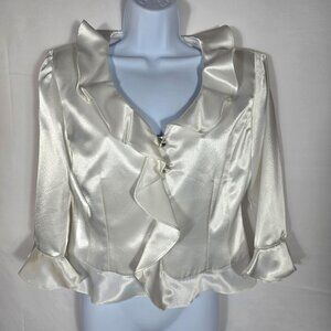 Womens White Blouse Sz Med Petite Satin Formal 3/4 Sleeve Ruffles Button Down